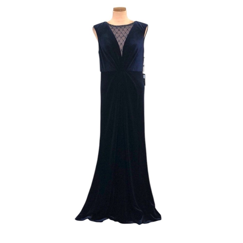 Nwt Adrianna Papell Maxi Dress 12 Midnight Navy Blue Velvet Beaded Mermaid Gown